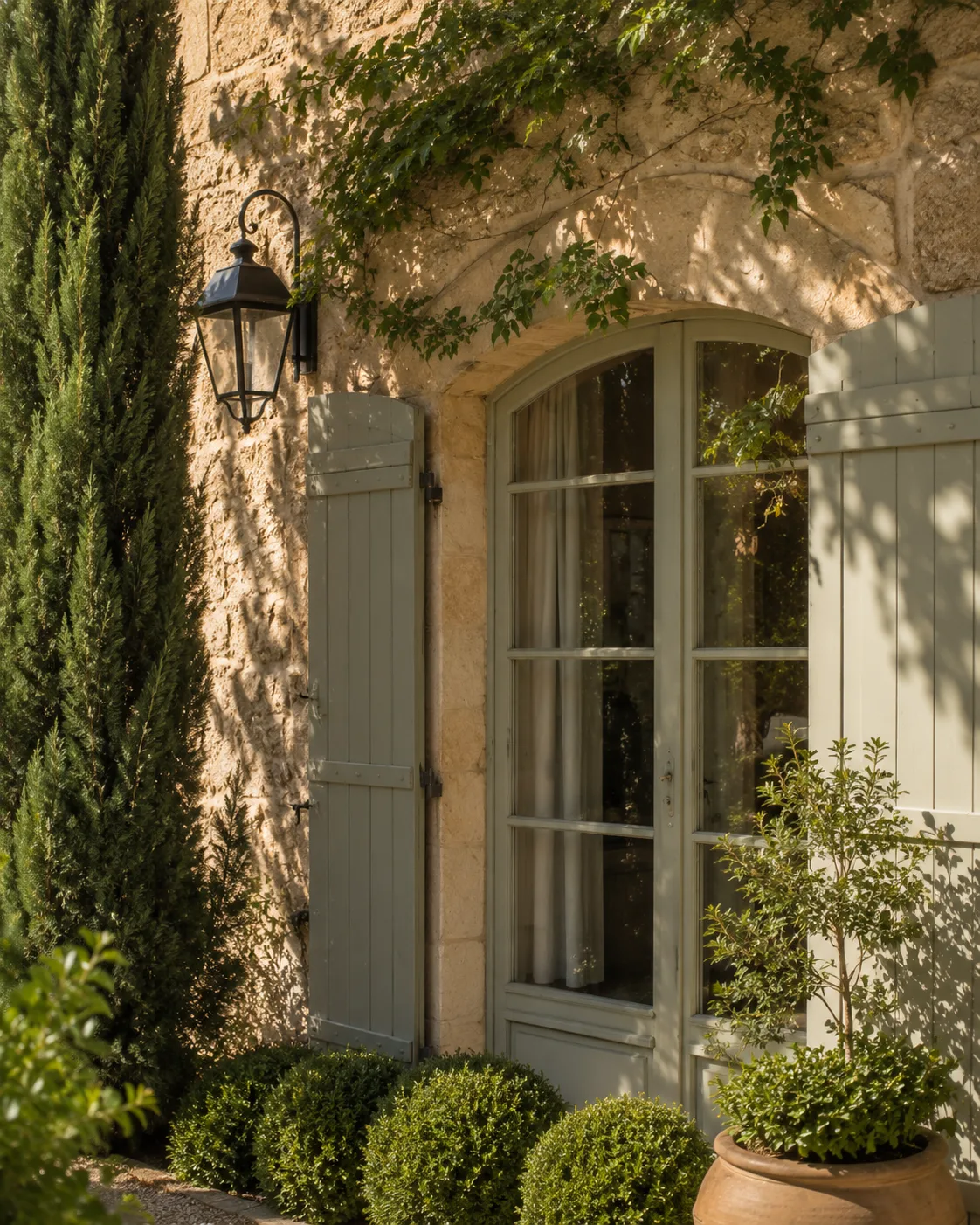 Détail d’une façade provençale en pierre avec volets et végétation